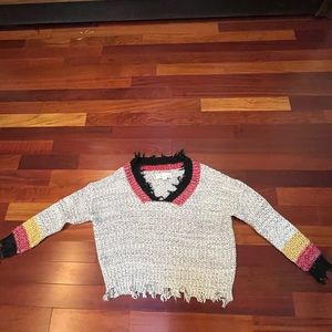 Vintage Havana gray/colorful frayed v-neck sweater, size S, barely worn, so cute